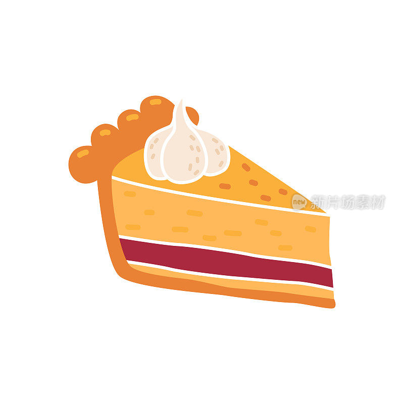 Beautiful tasty slice of American pumpkin pie with cranberries and cream. Traditional dish for Thanksgiving dinner. Autumn dessert for the harvest festival. Homemade pastries. Bright doodle icon.